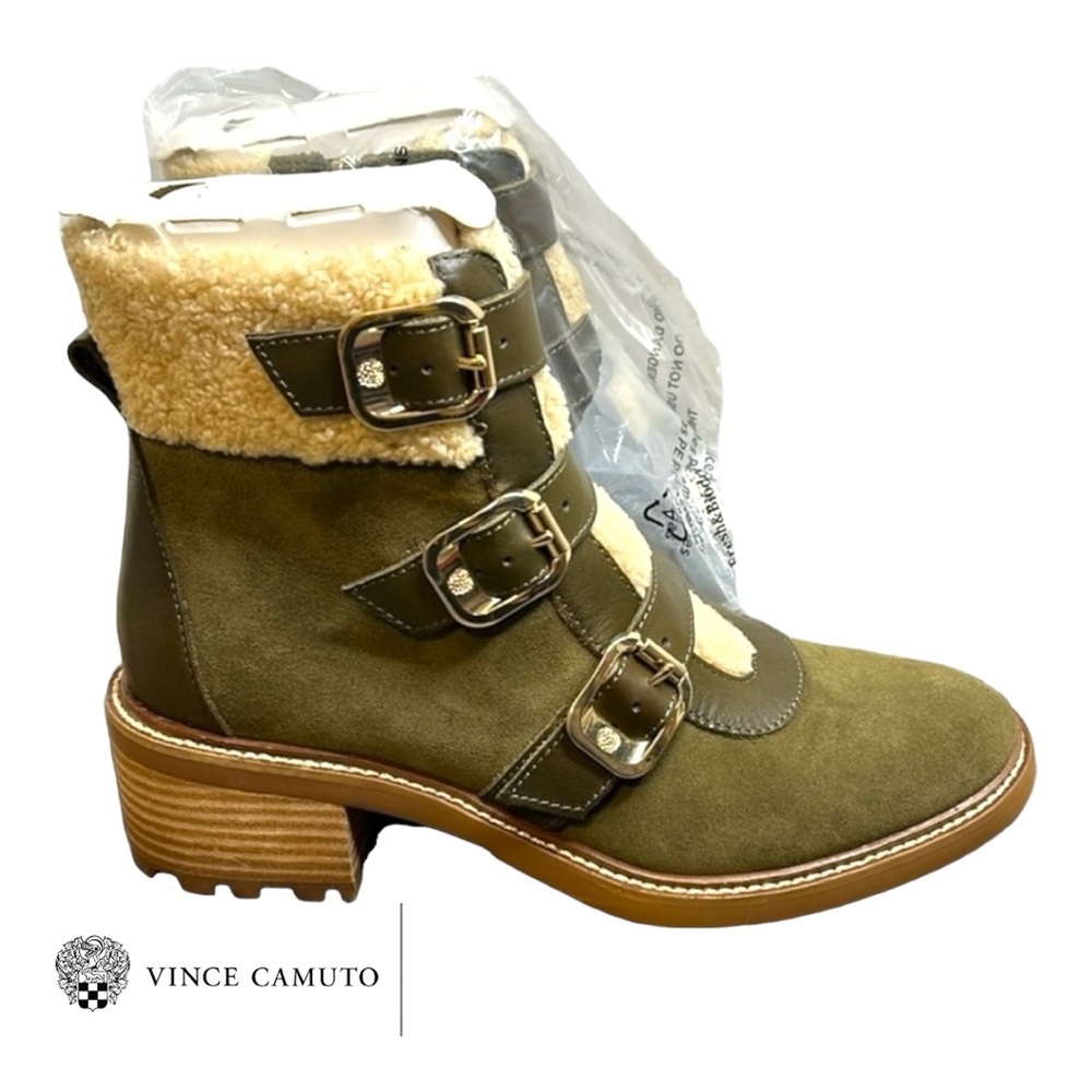 NIB Vince Camuto Greek Olive Klerica Leather and Faux Fur Moto Boot Women 6